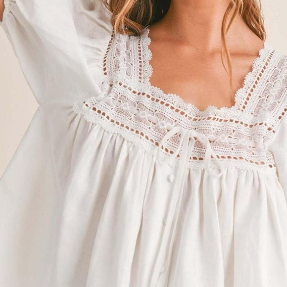 ✨SOLD✨ NWT Petal & Pup Linen Square Neck Lace Puff Sleeve Blouse in White - S - Picture 7 of 8